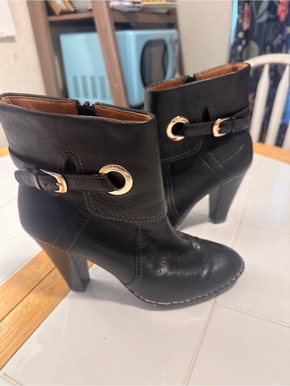 Sofft Black Leather Ankle Booties with Gold Ring Detail